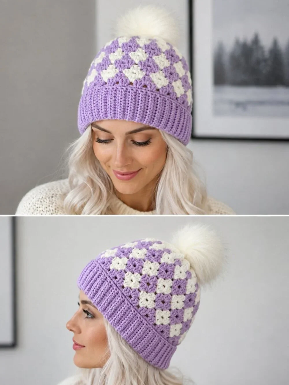 Handmade Crochet Hat for Girls 10–14 Lilac & White Winter Beanie with Pom Pom